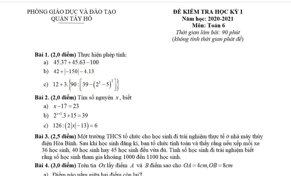 Toán 6-Đề kiểm tra cuối kì 1 Phòng GD&ĐT quận Tây Hồ năm học 2020-2021